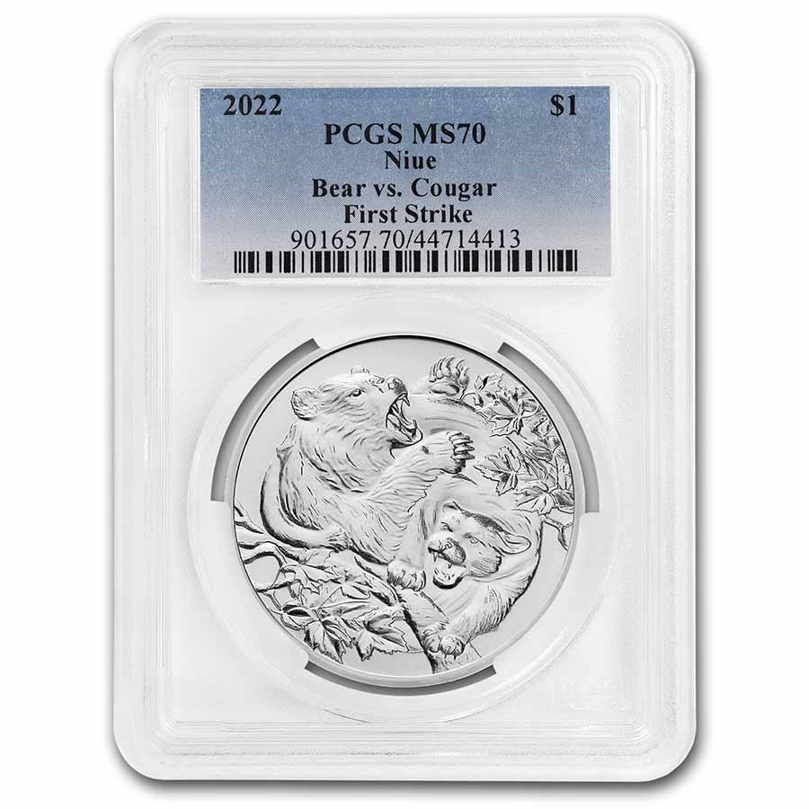 Buy 2022 Niue 1 oz Silver Predators: Cougar vs Bear MS-70 PCGS (FS) | APMEX