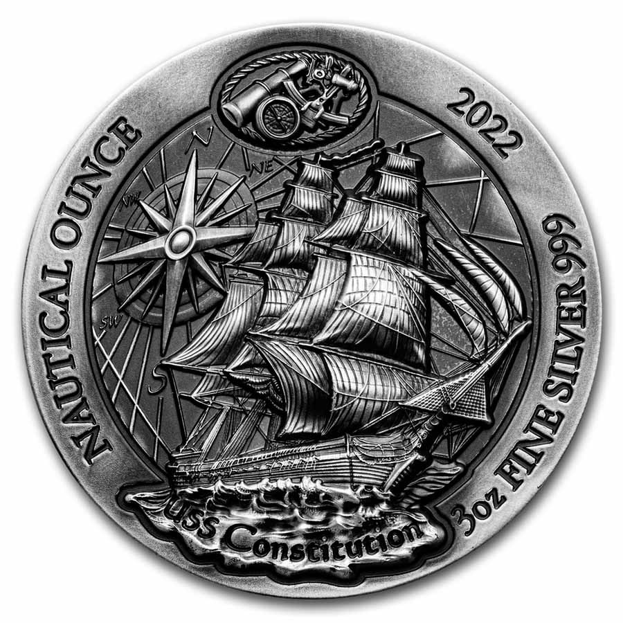 2022 Rwanda 3 oz Silver Nautical USS Constitution (HR, Antiqued)