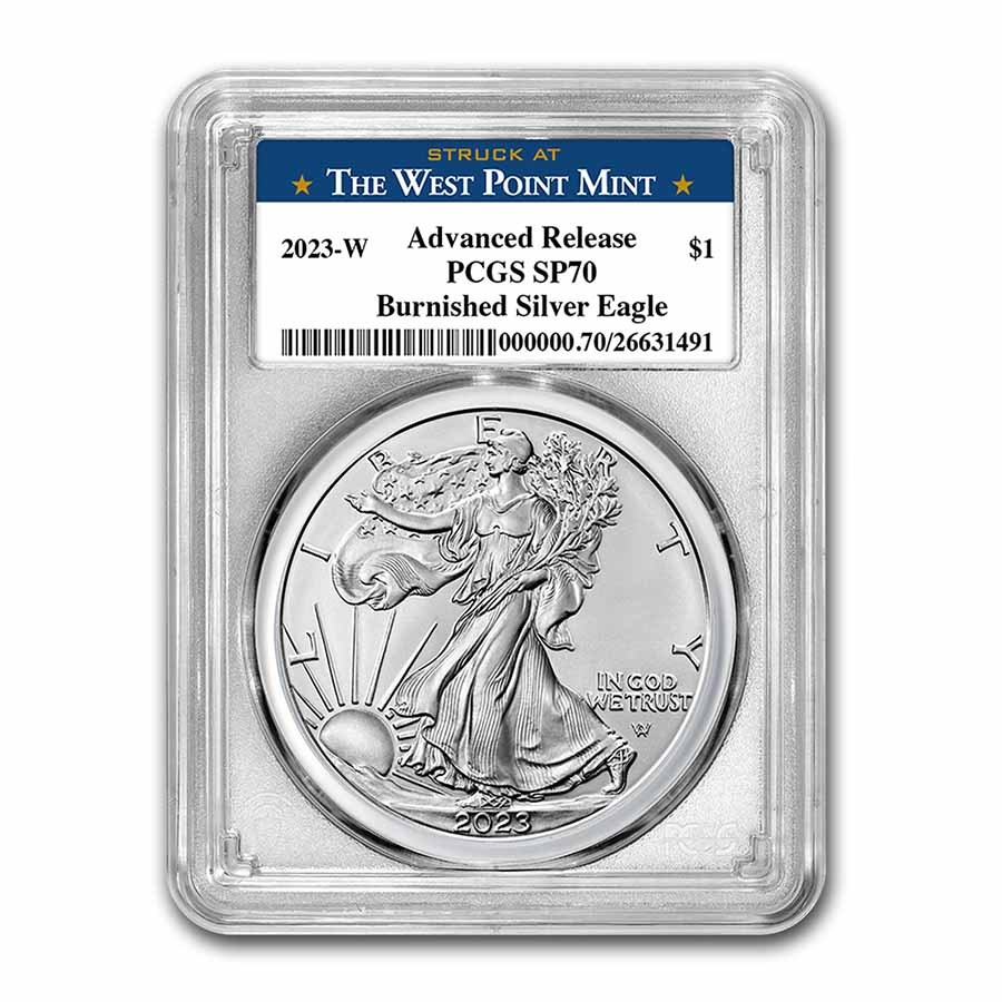 2023 Burnished Silver Eagle SP-70 PCGS (AR, West Point)