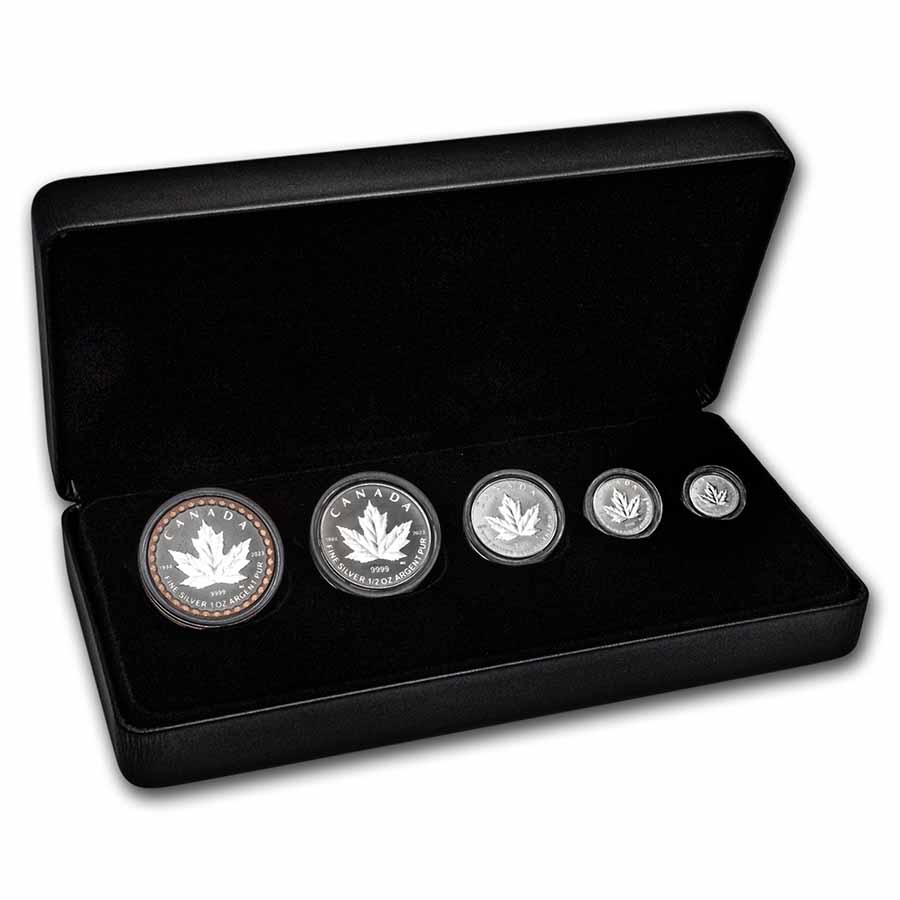 Buy 2023 5 Coin Canadian Silver Maple Leaf Set APMEX   2023 Canada 5 Coin Silver 35th Anniv Of The Silver Maple Leaf Set 257249 Slab 