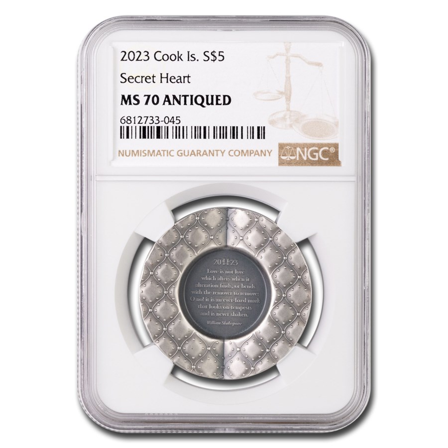 2023 Cook Islands 1 oz Silver Antique Secret Heart MS-70 NGC