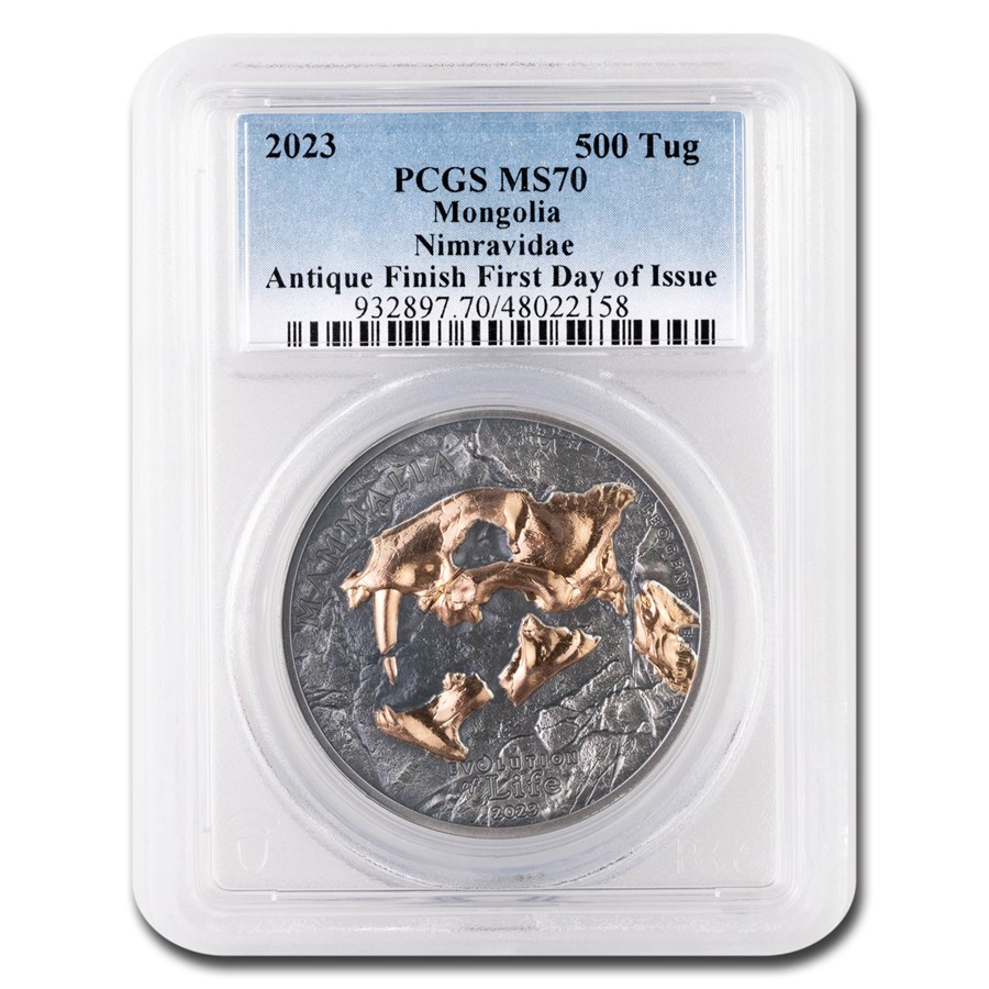 2023 Mongolia 1 oz AG Evolution of Life Nimravidae MS-70 PCGS FDI