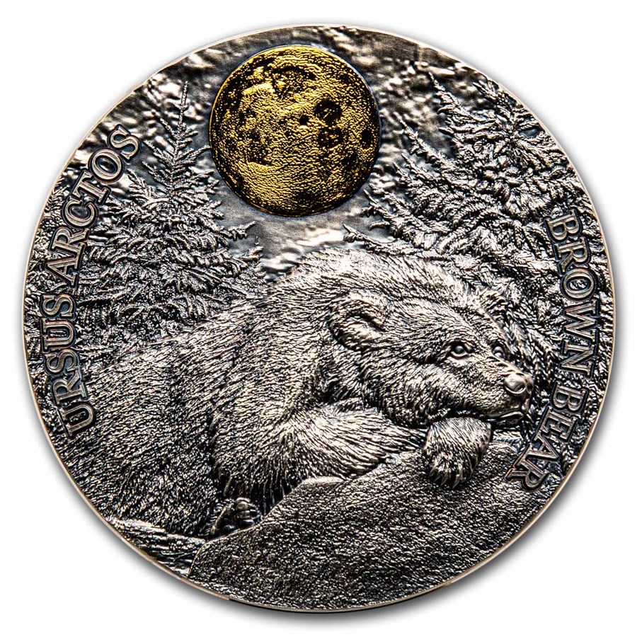 2023 Niue 2 oz Silver Wildlife In the Moonlight: Brown Bear