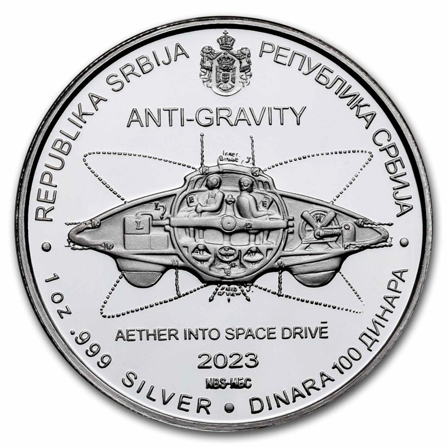 2023 Serbia 1 oz Proof Ag 100 Dinar Tesla: Anti-Gravity