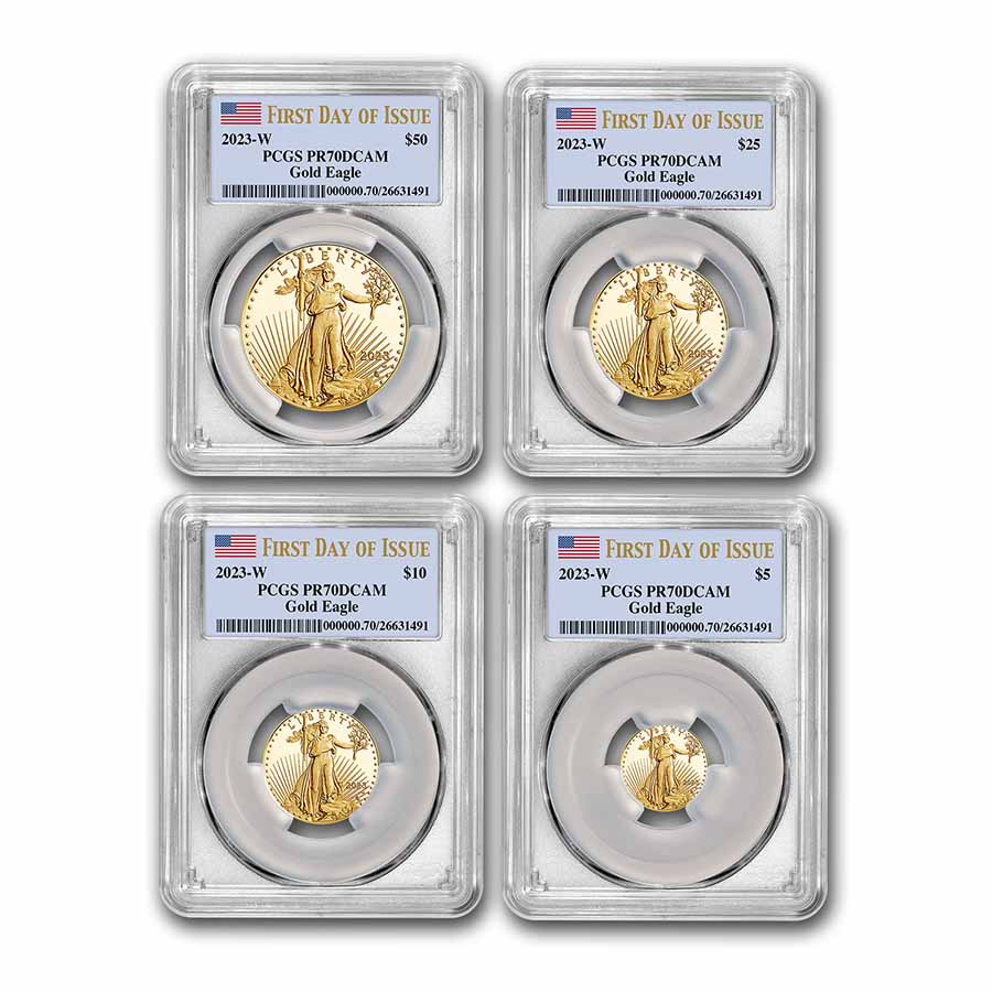 Buy 2023 W 4 Coin Proof Gold Eagle Set PR 70 PCGS First Day APMEX