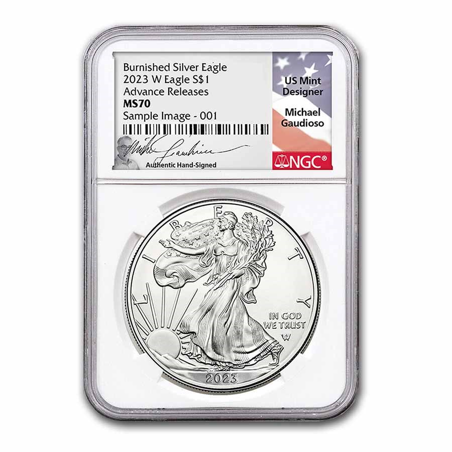 Buy 2023-W Burnished Silver Eagle MS-70 NGC (AR, Gaudioso) | APMEX