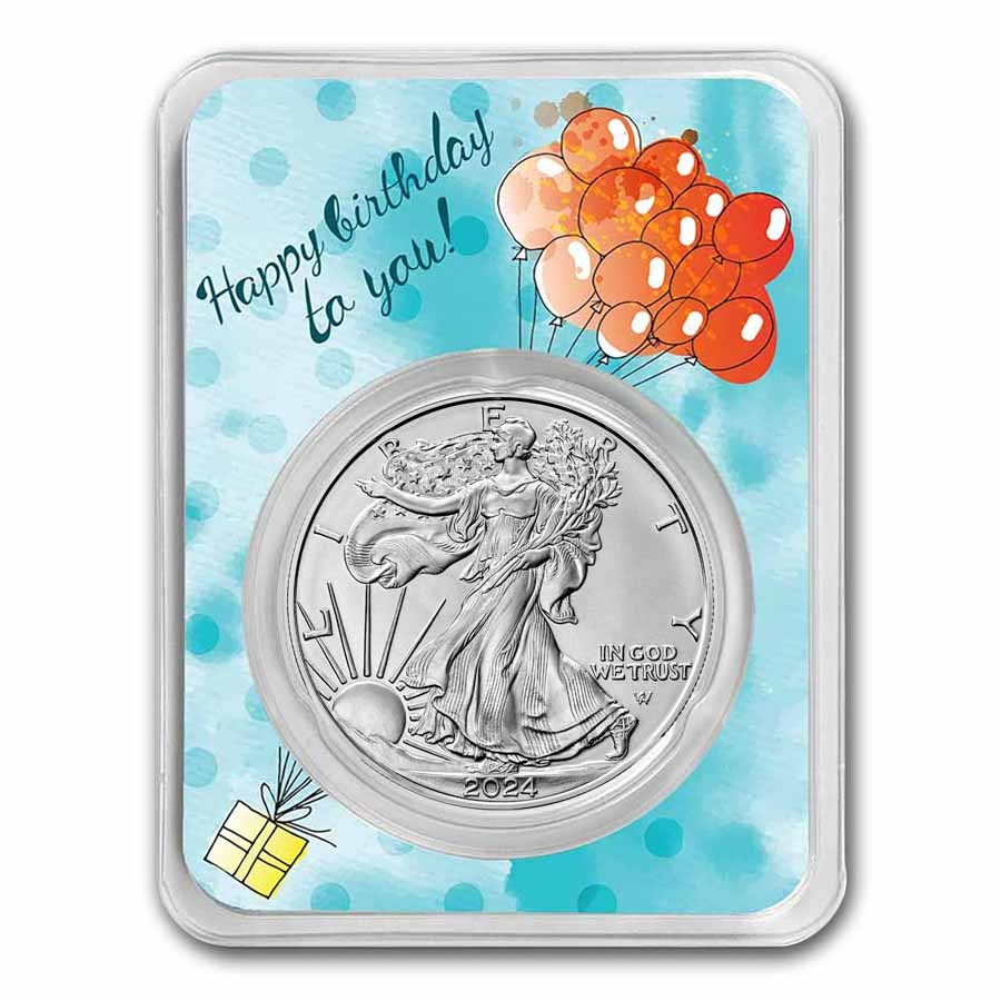 2024 1 oz Silver Eagle - w/Happy Birthday, Balloons Card, In TEP