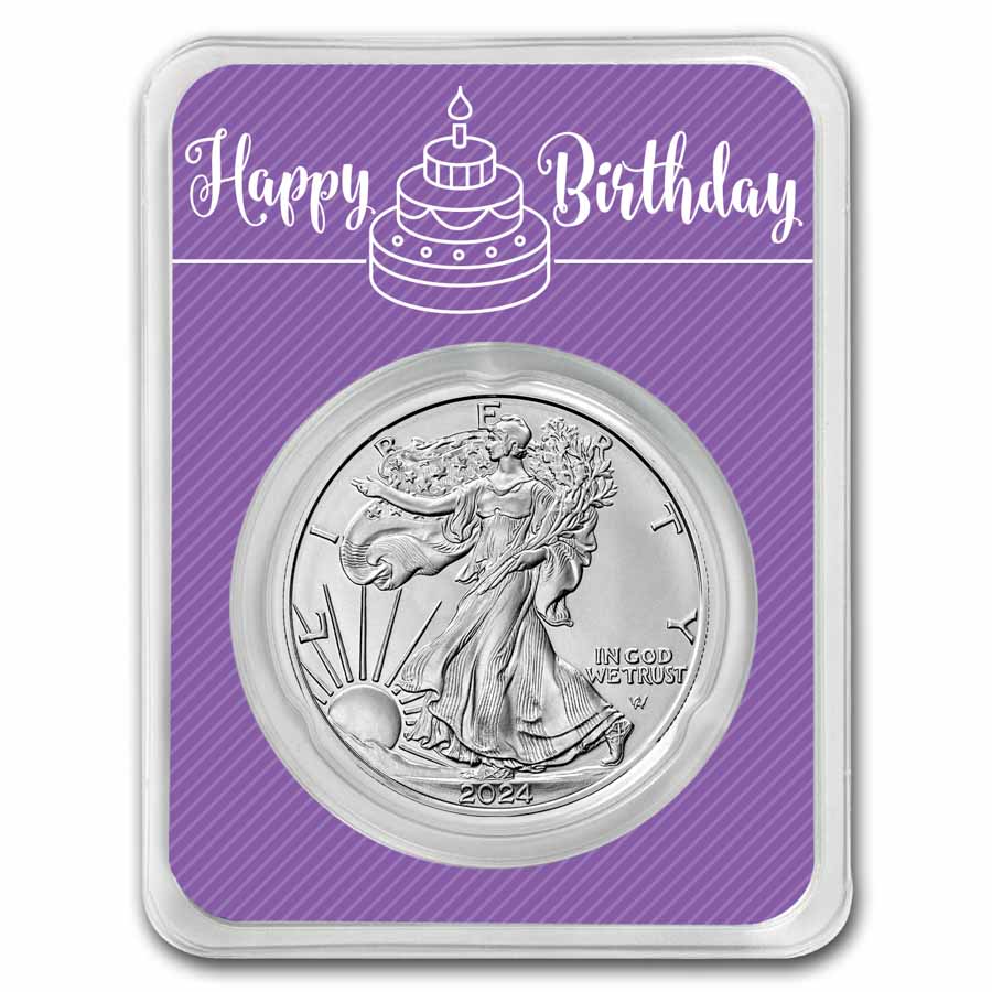 Buy 2024 1 Oz Silver Eagle Happy Birthday Purple TEP APMEX   2024 1 Oz Silver Eagle W Happy Birthday Purple Card In Tep 270457 Slab 