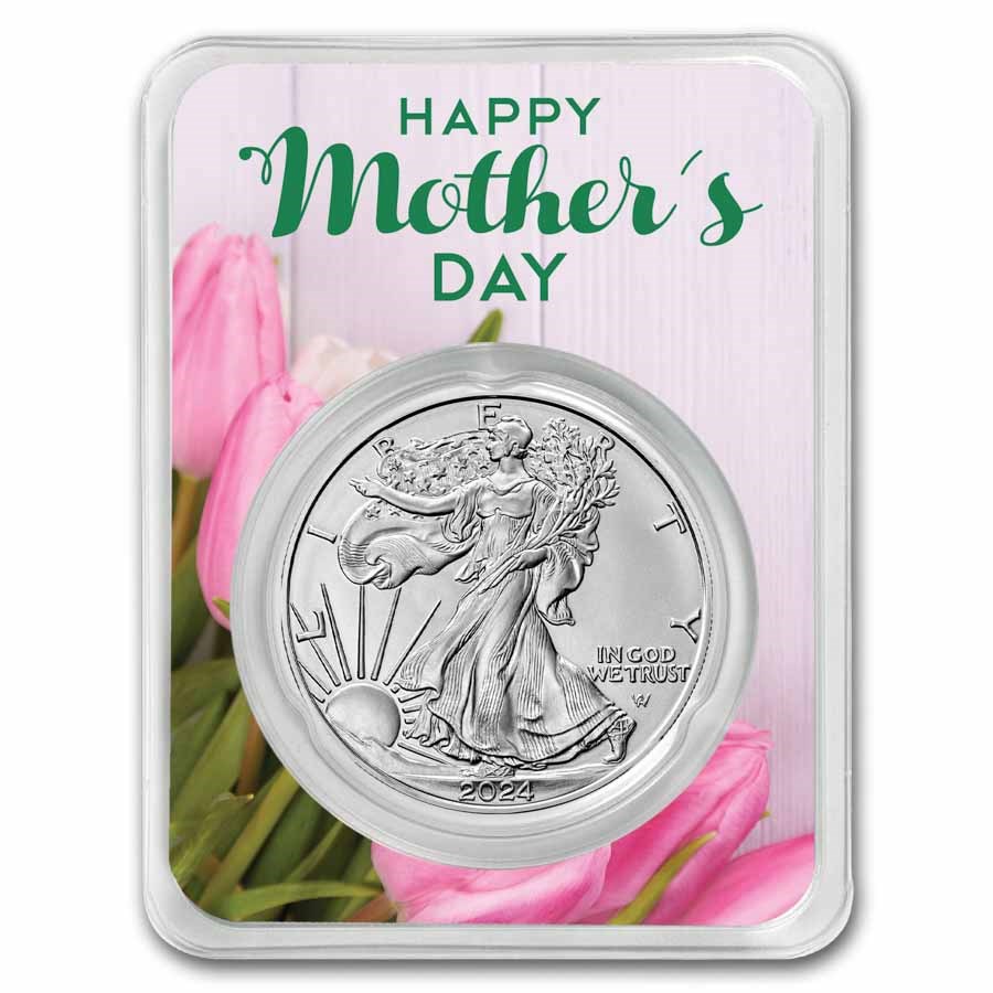 2024 1 oz Silver Eagle - w/Happy Mother's Day Tulips Card, In TEP