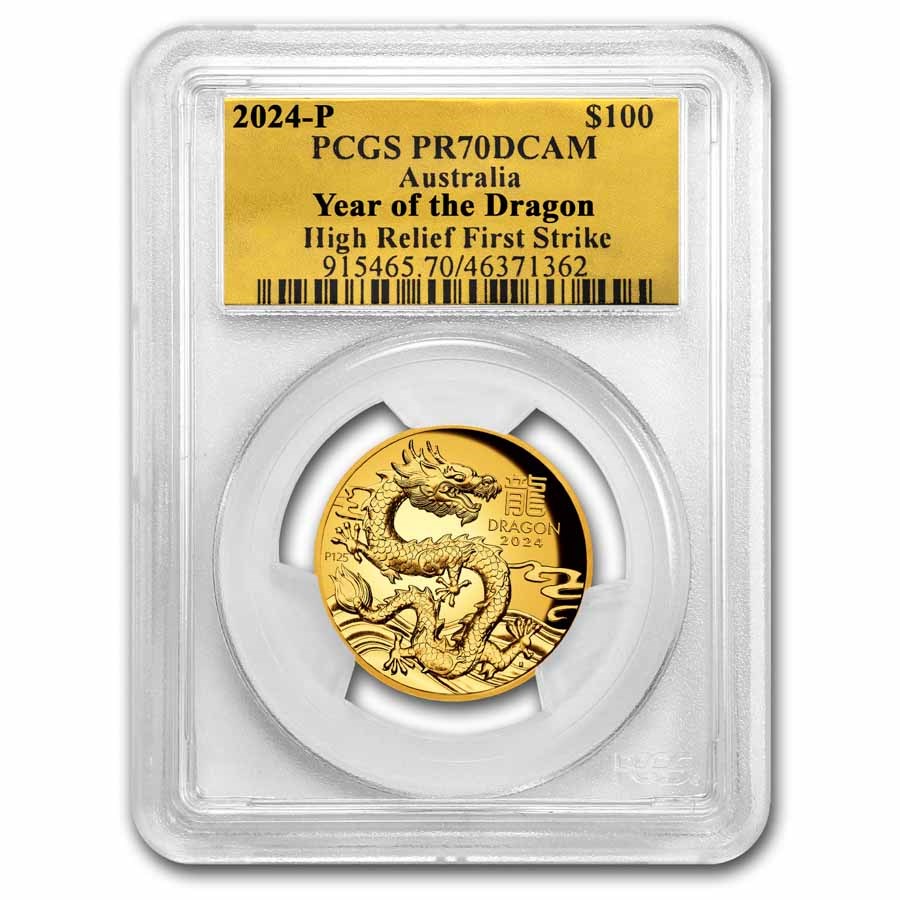 2024 AUS 1 oz Gold Lunar Dragon HR PF-70 PCGS (FS, Gold Label)