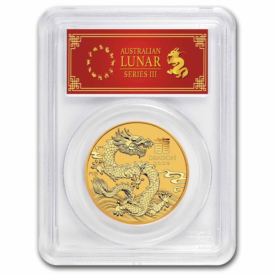 2024 Australia 1 oz Gold Lunar Dragon MS-70 PCGS (FDI, Red Label)