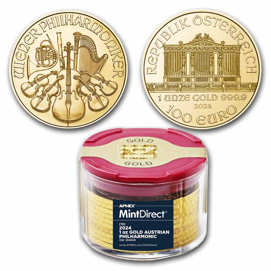 2024 Austria 1 Oz Gold Philharmonic 10 Coin MintDirect Tube   2024 Austria 1 Oz Gold Philharmonic 10 Coin Mintdirect Tube 284608 Slab 