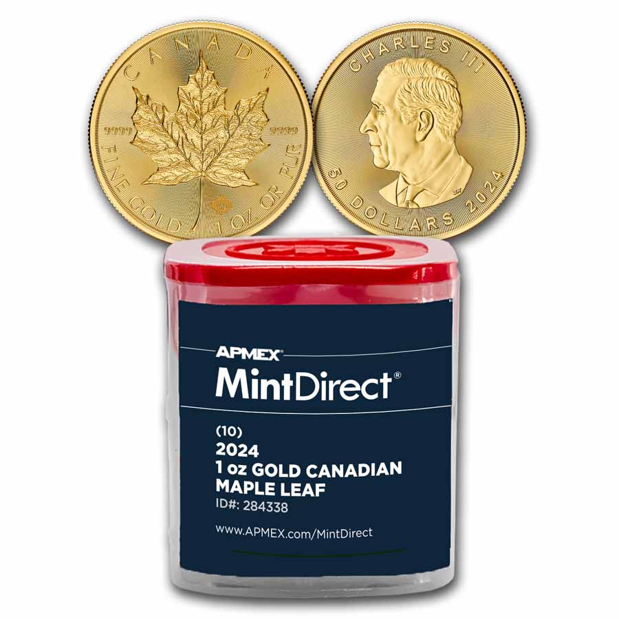 2024 Canada 1 Oz Gold Maple Leaf 10 Coin MintDirect Tube   2024 Canada 1 Oz Gold Maple Leaf 10 Coin Mintdirect Tube 284338 Slab 