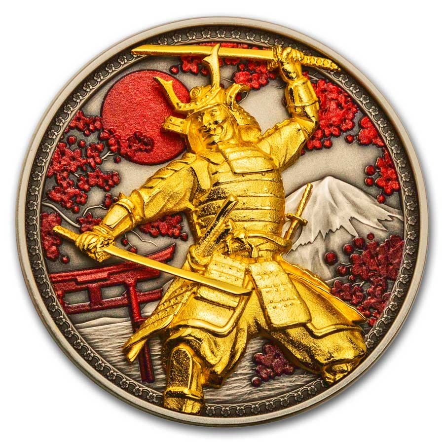 2024 Samoa 5 oz Silver Antique Gold Gilded Samurai (w/ Box & COA)