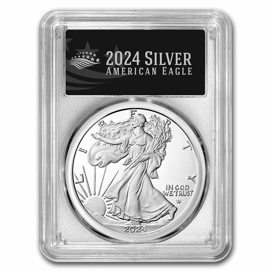 Buy 2024 W 1 Oz Silver Eagle PR 70 Black Label APMEX   2024 W 1 Oz Proof Silver American Eagle Pr 70 Pcgs Fdi Black 284575 Slab 