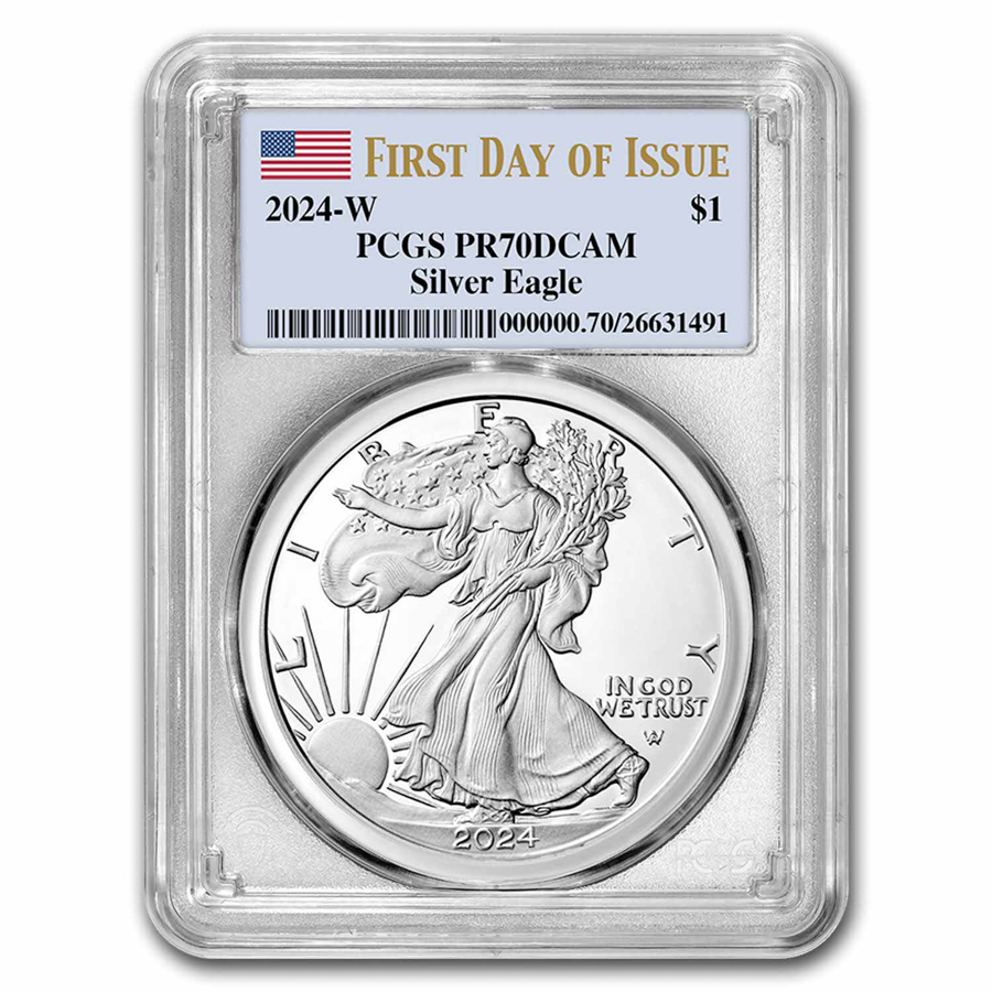 Buy 2024 W 1 Oz Silver Eagle Proof PR 70 APMEX   2024 W 1 Oz Proof Silver Eagle Pr 70 Pcgs First Day Of Issue 284576 Slab 