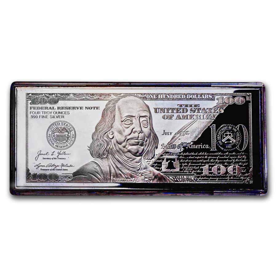 4 Oz Silver Bar 2024 100 Bill W Box COA   4 Oz Silver Bar 2024 100 Bill W Box Coa 286817 Obv 