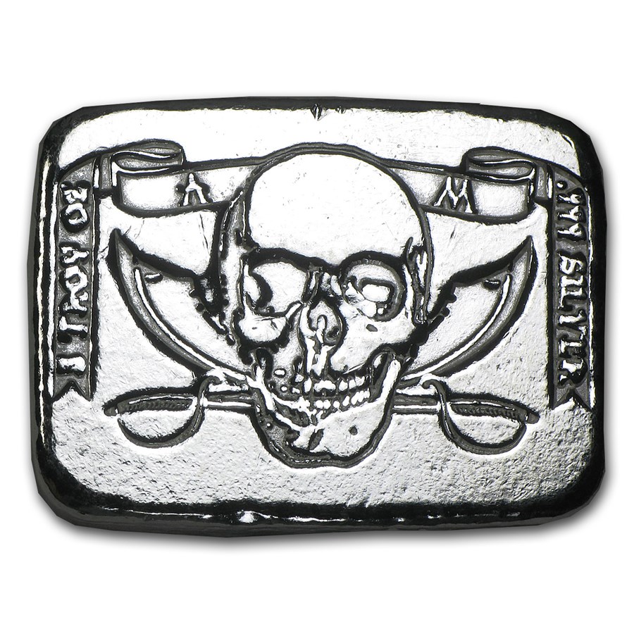 Buy 5 oz Hand Poured Silver Bar - Pirate Skull & Crossed Swords | APMEX