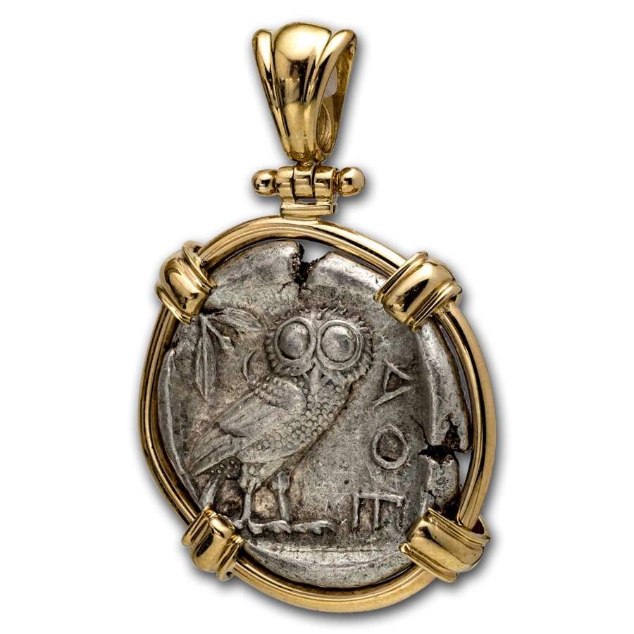 Attica Athens Silver Tetradrachm Owl (440-404 BC) 14 K Gold Bezel