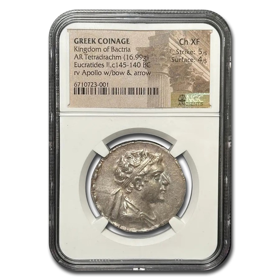 Bactrian AR Tetradrachm Eucridates II (145-140 BC) Ch XF NGC