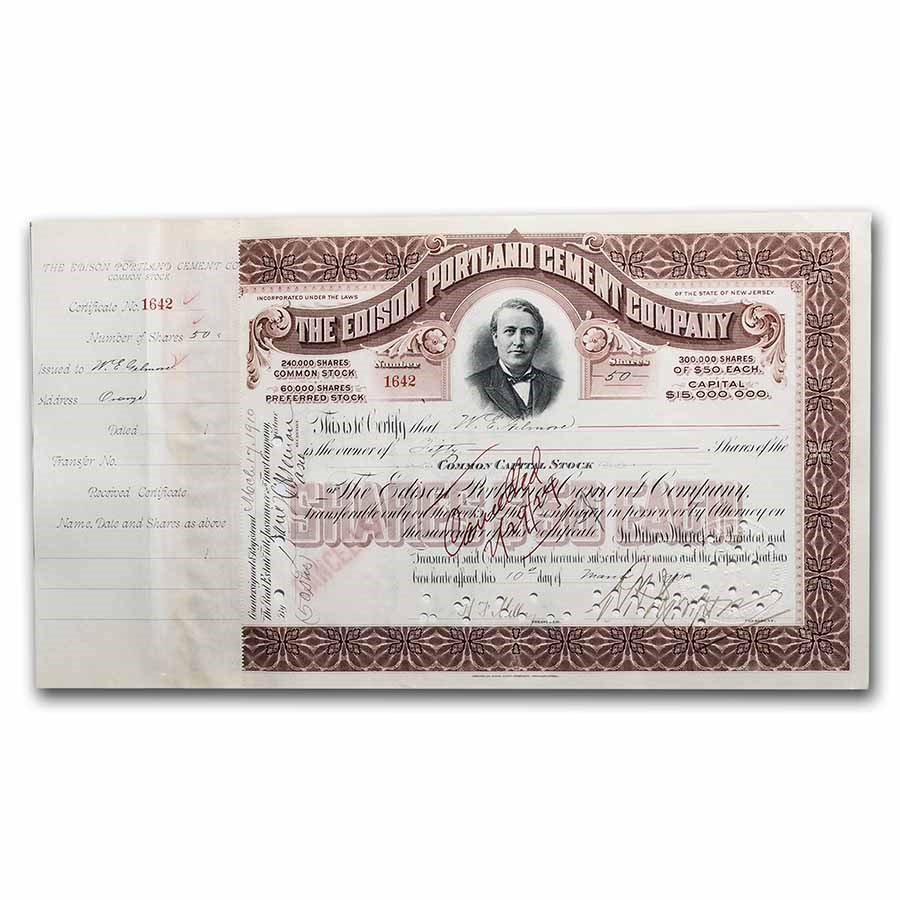 Edison Portland Cement Stock Certificate