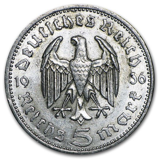 Buy Germany Silver 5 Reichsmark Hindenburg (1935-1939) Avg Circ 