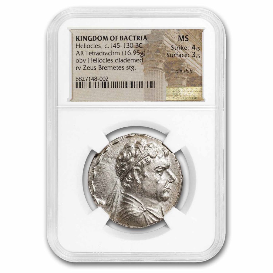 Kingdom of Bactria AR Tetradrachm Heliocles (145-130 BC) MS NGC