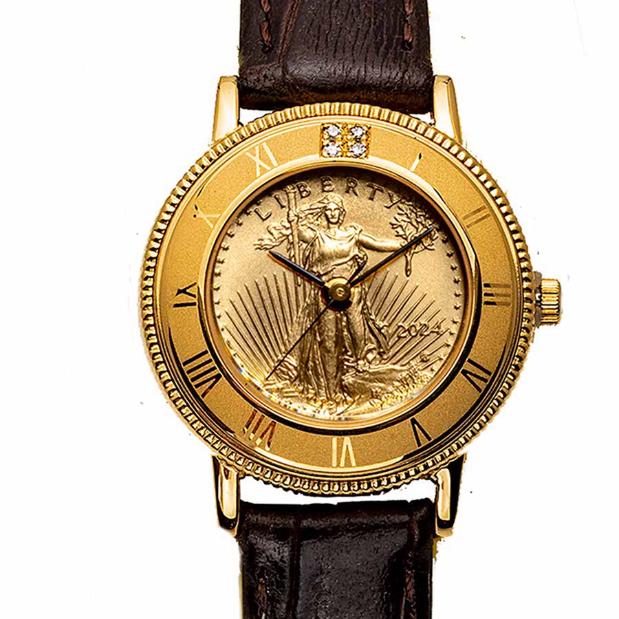 Ladies 2024 1/10 oz Gld American Eagle Lthr Bnd Watch w/ Diamonds