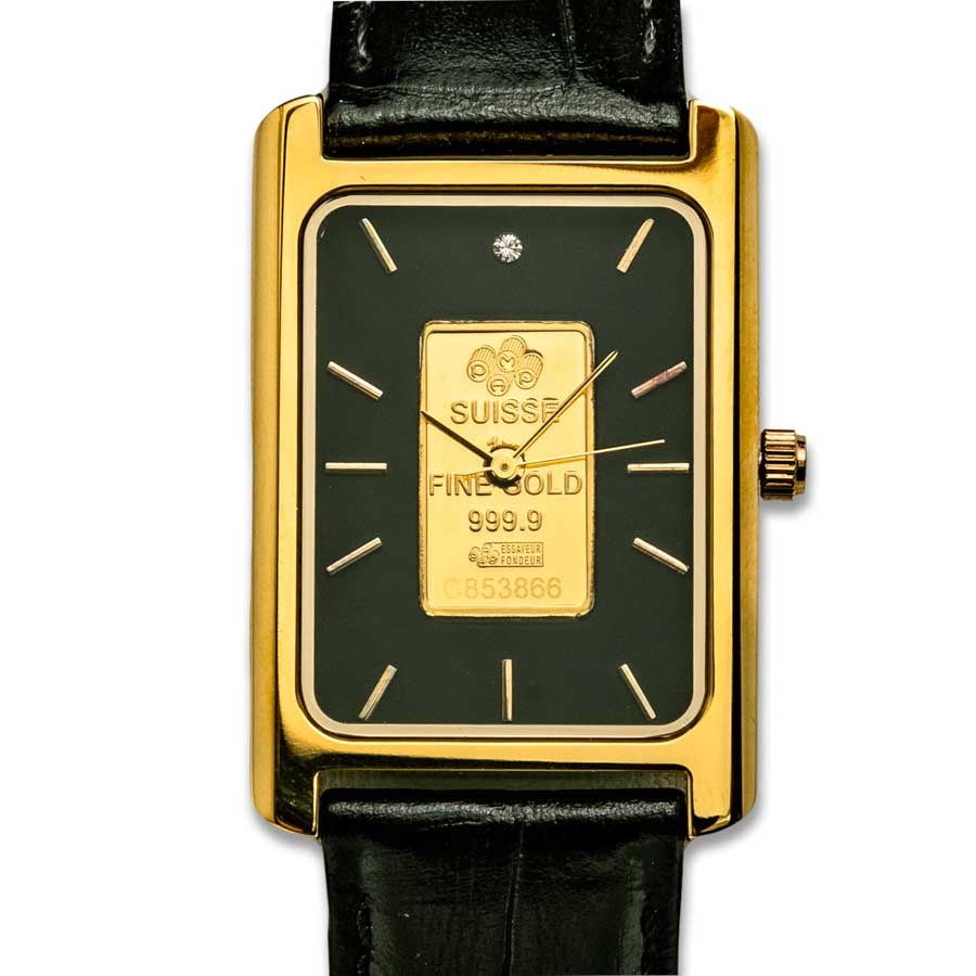 Men's 1 gram Gold Pamp Suisse Grain Leather Band Watch (Black)