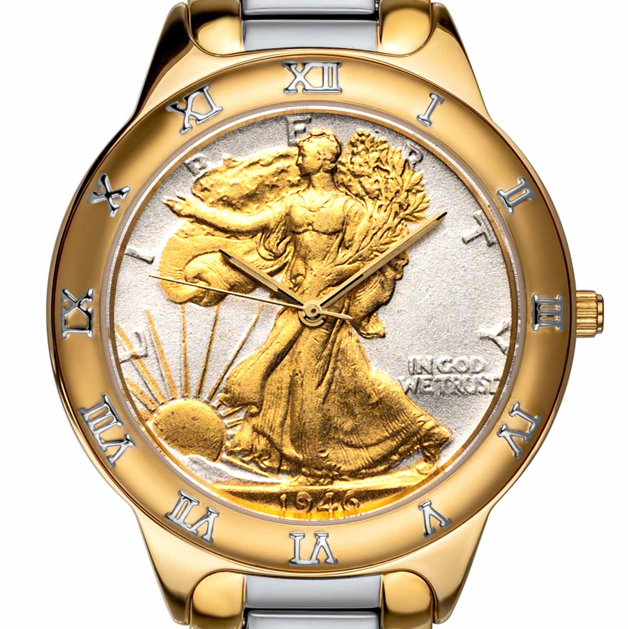 Walking Liberty Half Dollar Ladies Bracelet Coin Watch R323- | Mens gold  bracelets, Womens bracelets, Fancy watches