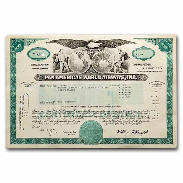 Pan American World Airways, Inc. Stock Certificate (Aqua)