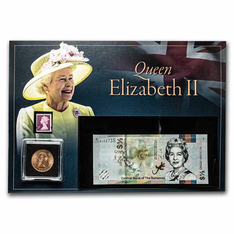 Queen Elizabeth II Banknote, Coin & Stamp Set