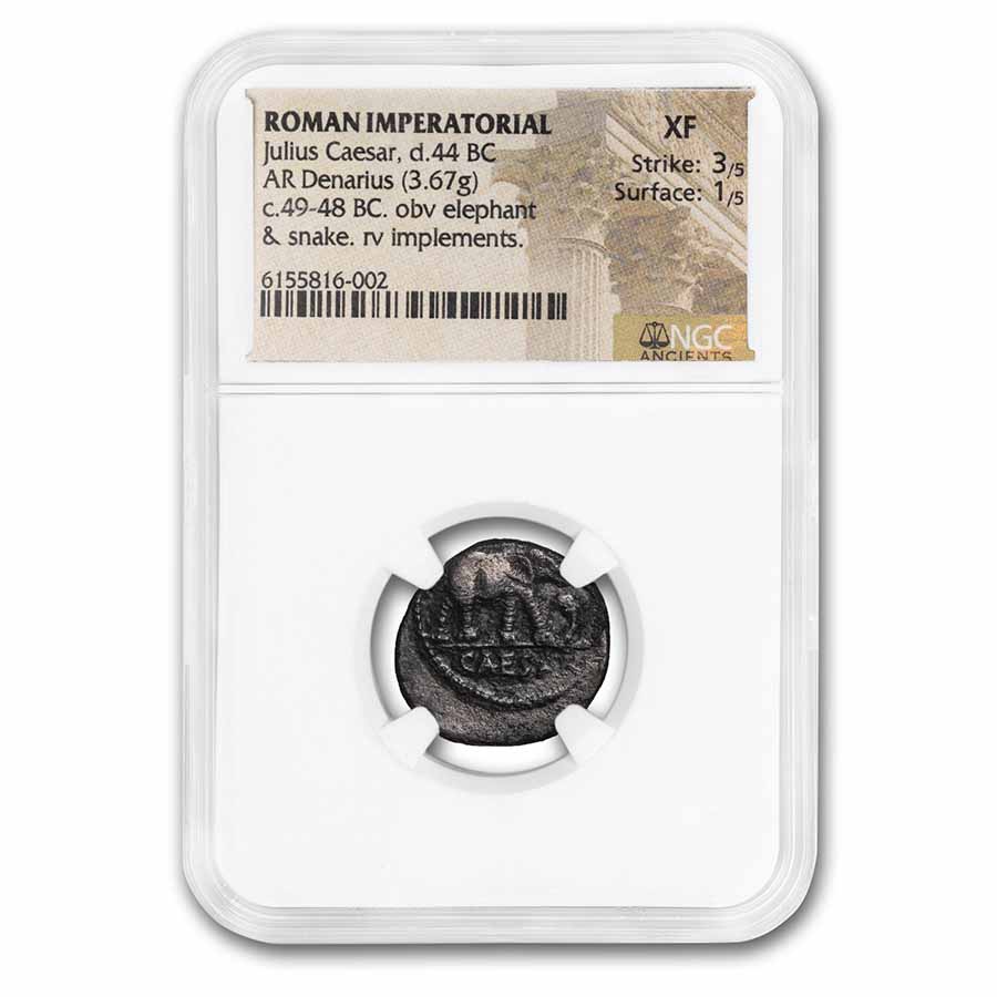 Buy Roman AR Denarius Julius Caesar Elephant (49-48 BC) XF NGC | APMEX