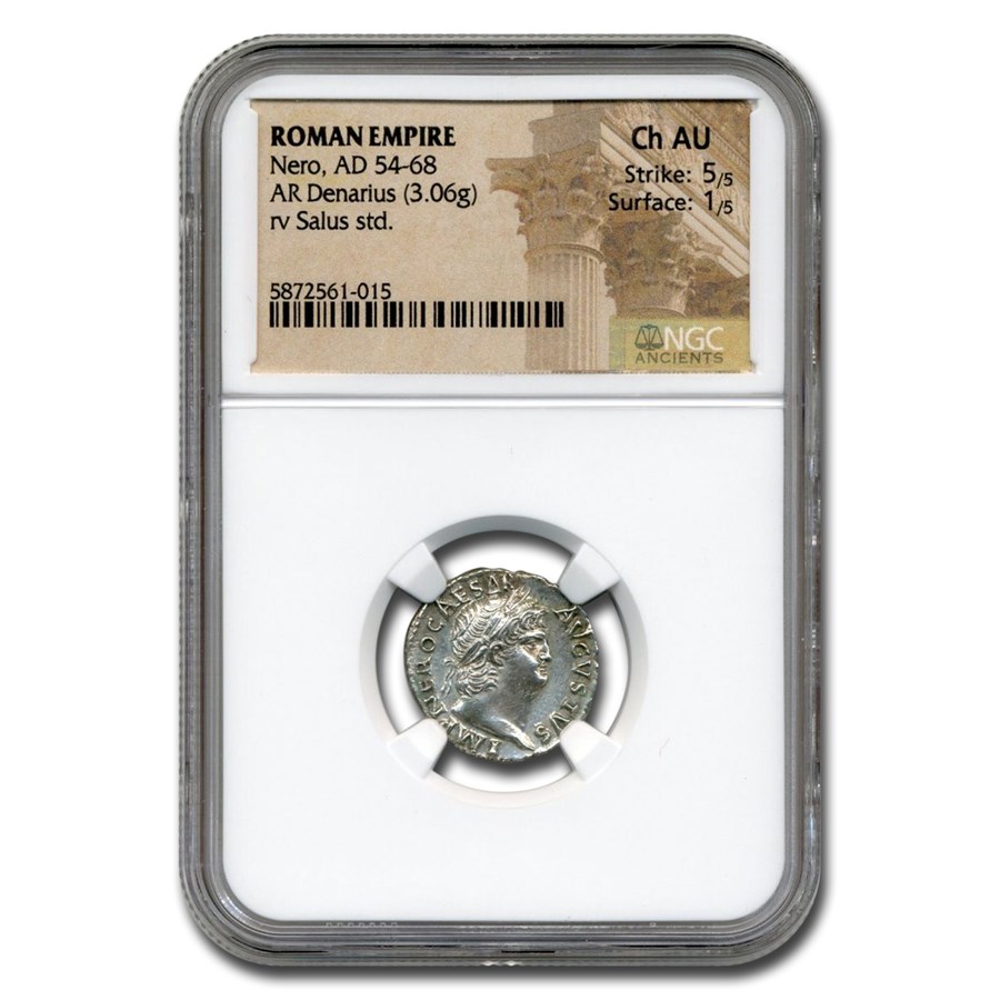 Roman Empire AR Denarius Nero (54-68 AD) Ch AU NGC (RIC I 60)