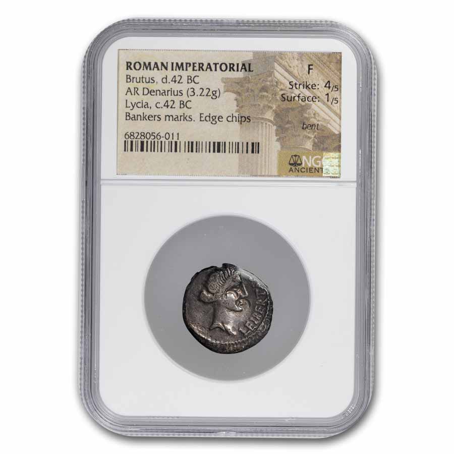 Roman Imperatorial Silver Denarius Brutus (42 BC) Fine NGC