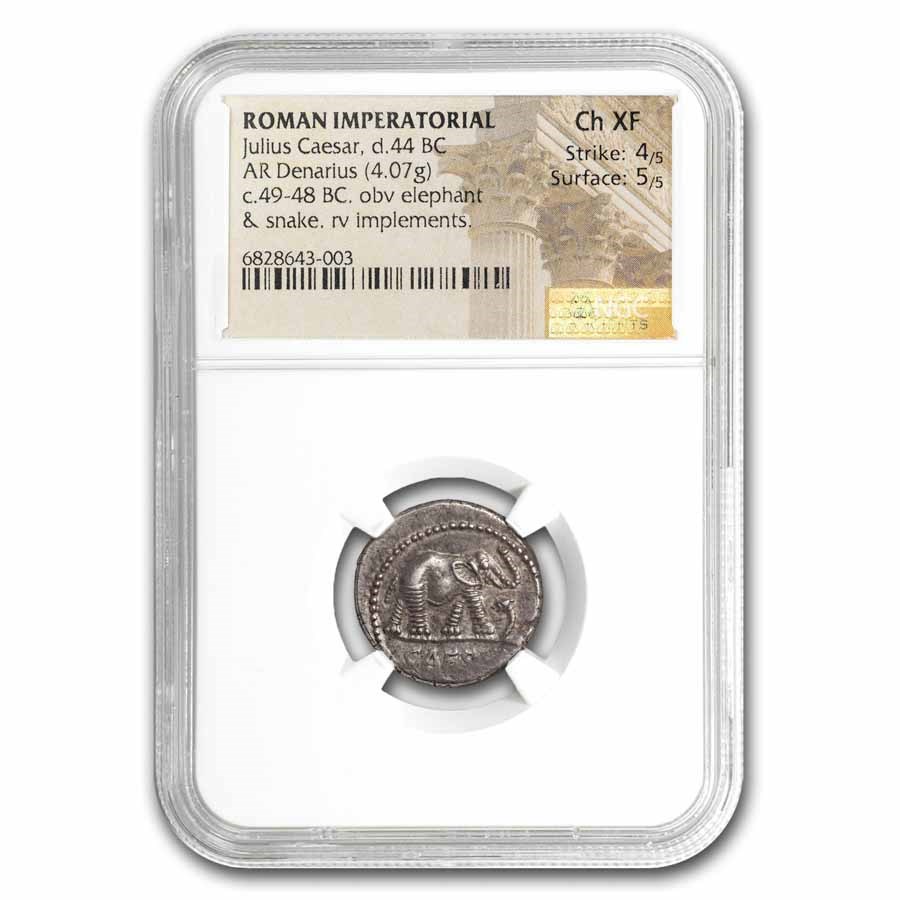 Roman Silver Denarius Julius Caesar Elephant (49-48 BC) Ch XF NGC