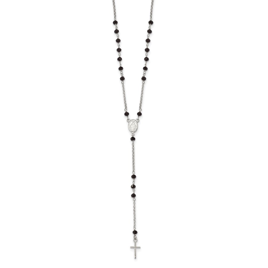 Sterling Silver Black Beaded Roseary Necklace - 19 in.