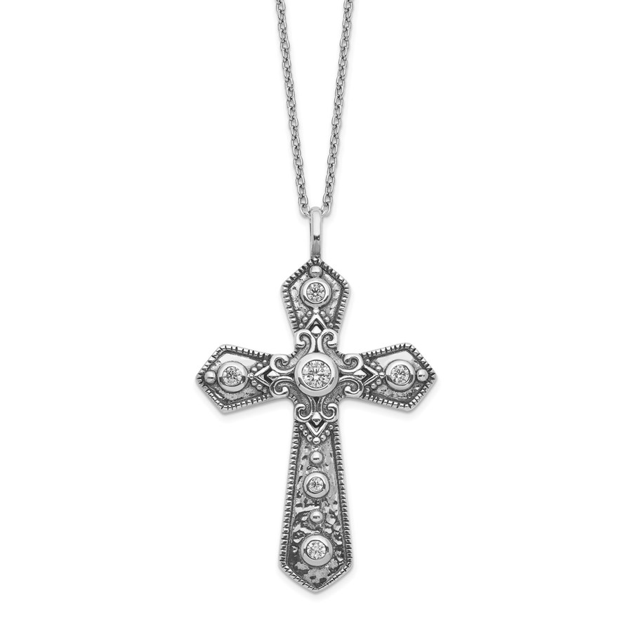 Sterling Silver CZ Fancy Cross w/2in ext. Necklace - 18 in.