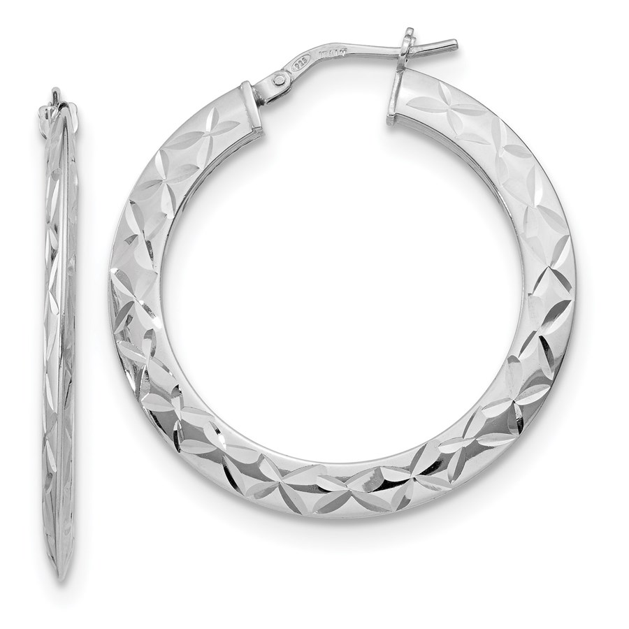 Sterling Silver Polished & D/C Hoop Earrings - 34 mm