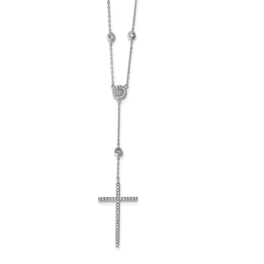 Sterling Silver Rhodium-plated CZ Cross Drop Necklace - 18 in.