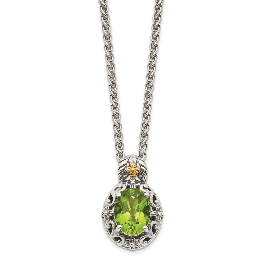 Sterling Silver w/ 14K Accent Peridot Pendant - 18 in.