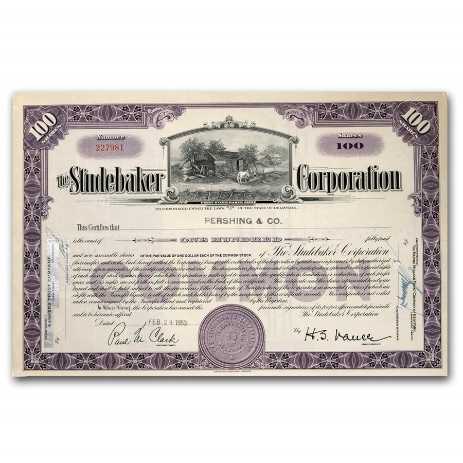 Studebaker Corporation Stock Certificate (Purple)