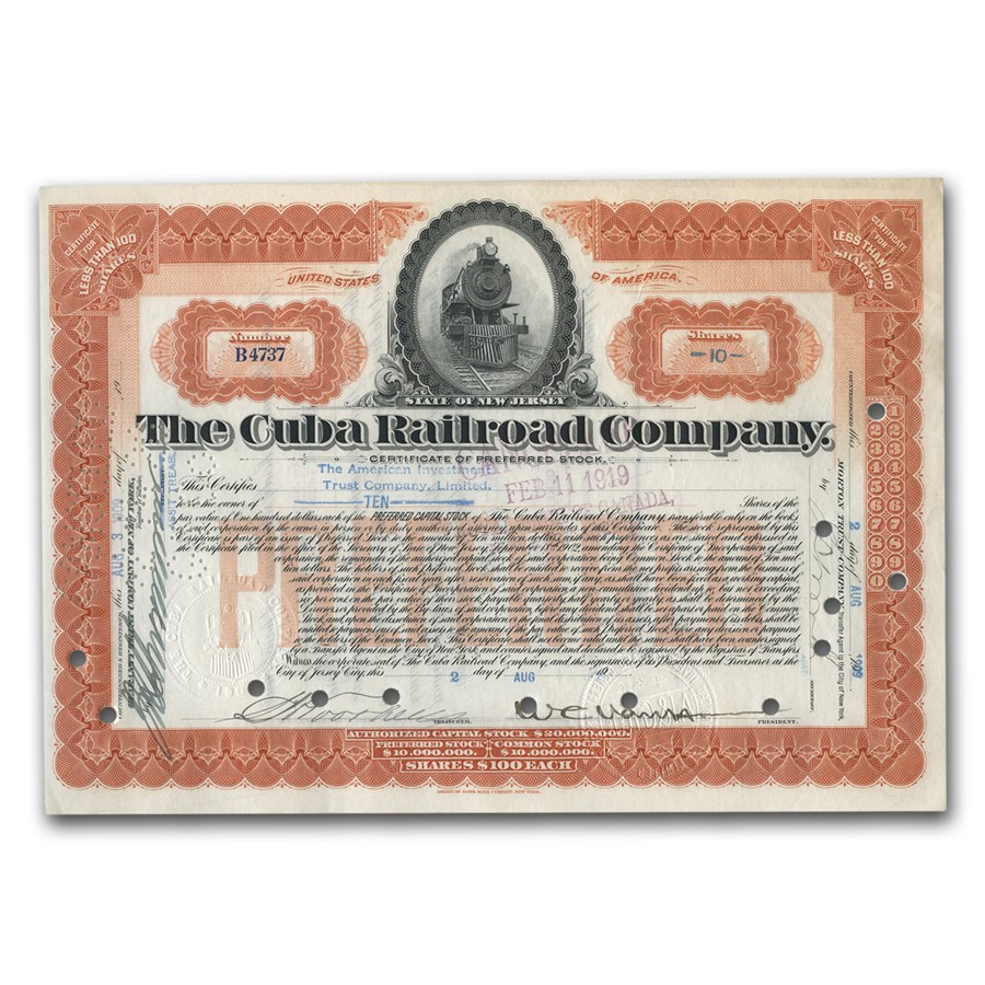 The Cuba Railroad Company Stock Certificate (Van Horne)